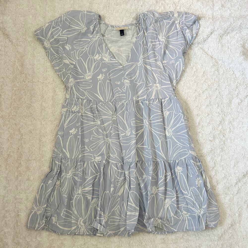 light blue and white floral print short sleeve linen blend mini dress